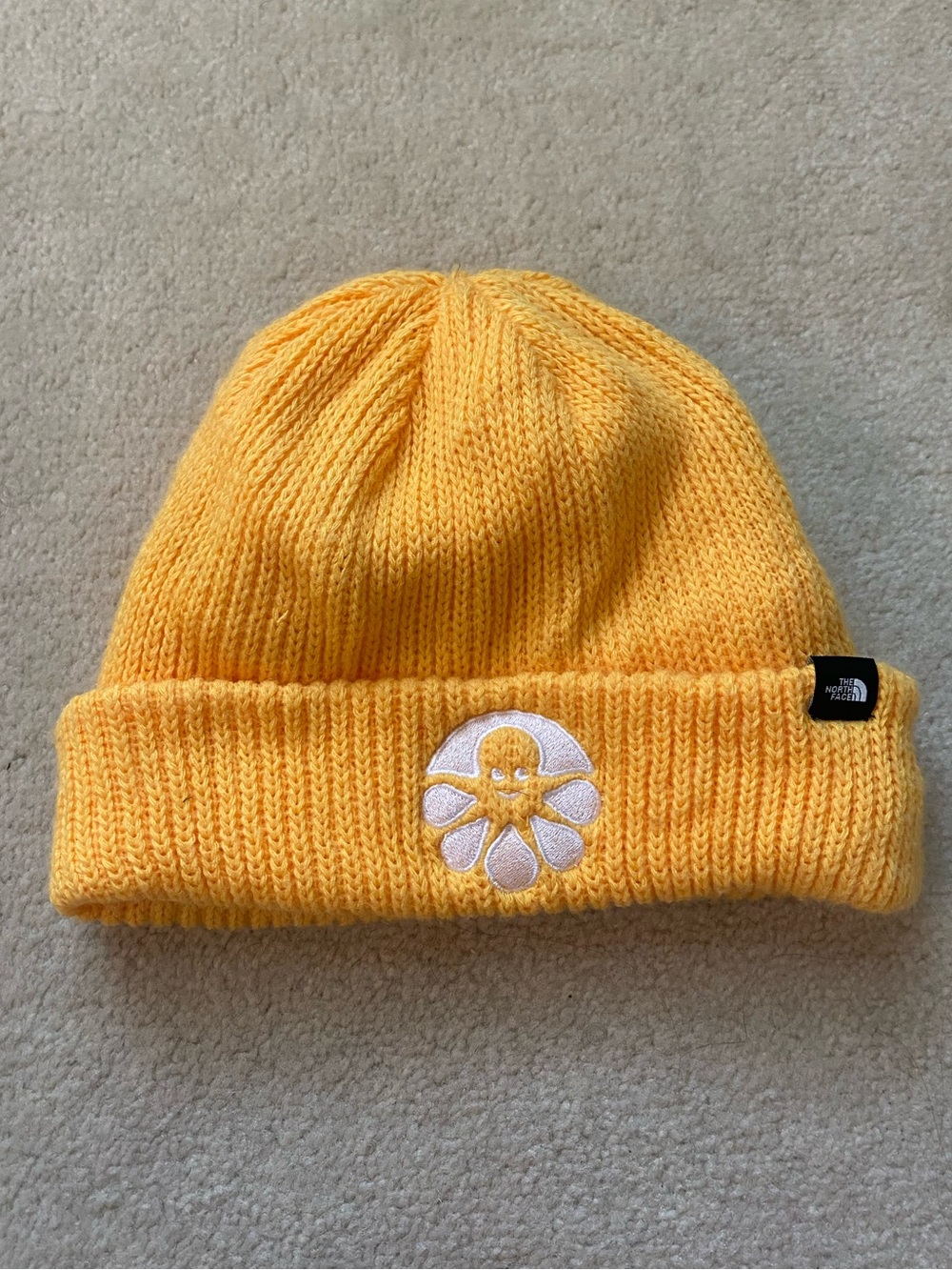 The North Face One Size TNF Rib Yellow With White Octopus Beanie Hat Fleece